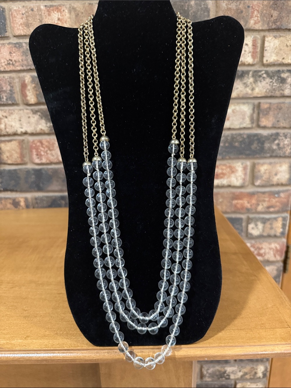 J. Crew Vintage Triple Strand Glass Bead Runway Necklace Gold Tone